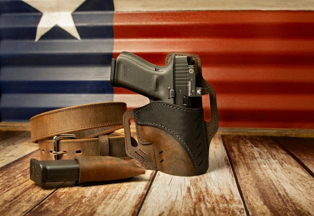 Defensive Handgun and Concealment Holster on Range Bench for Glendale CCW